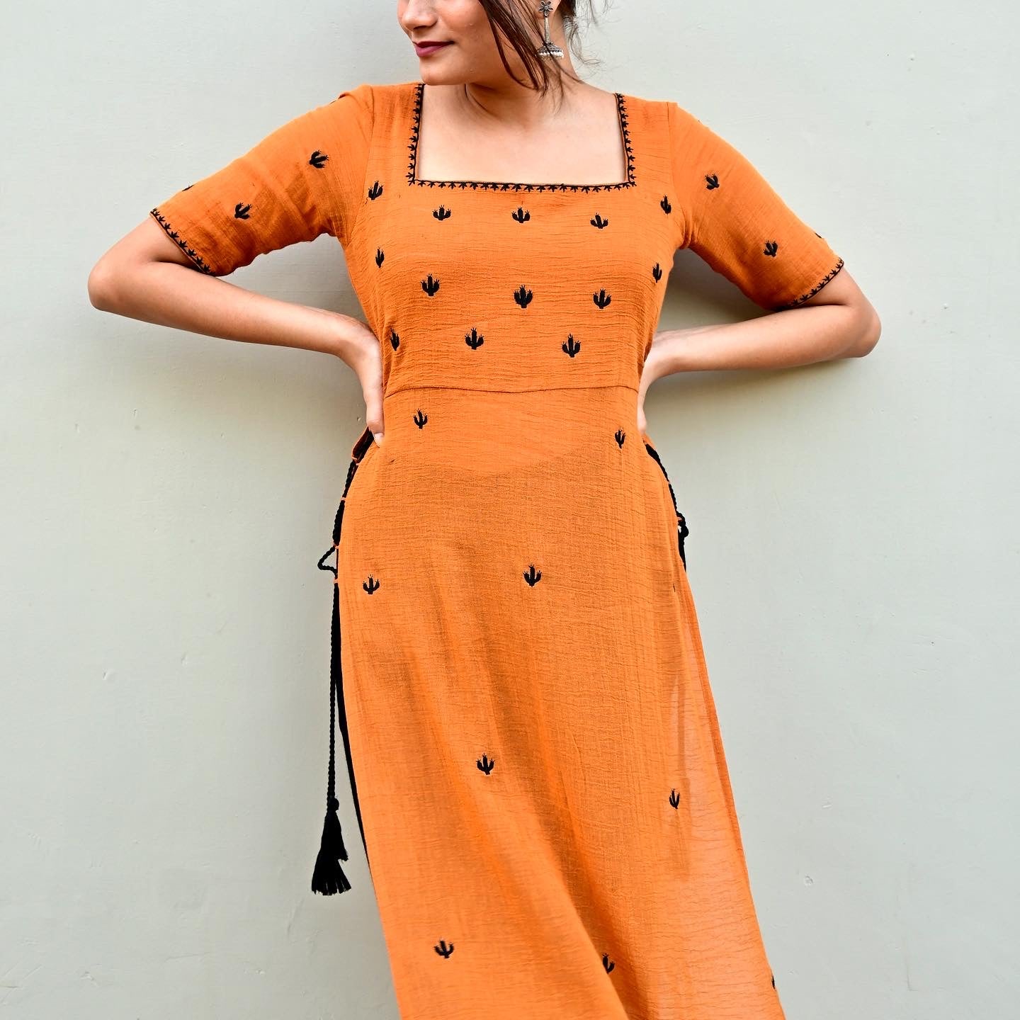 Mustard Cactus Embroidered High Slit Kurta Set