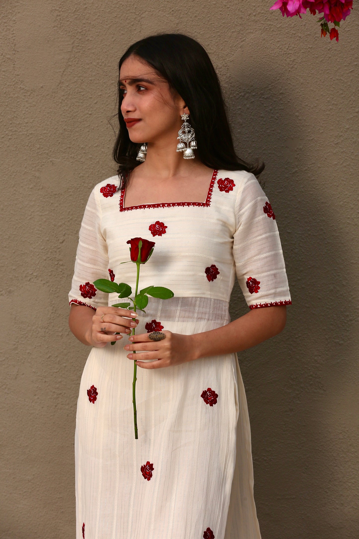 Rose embroidered high slit kurta & palazzo pants