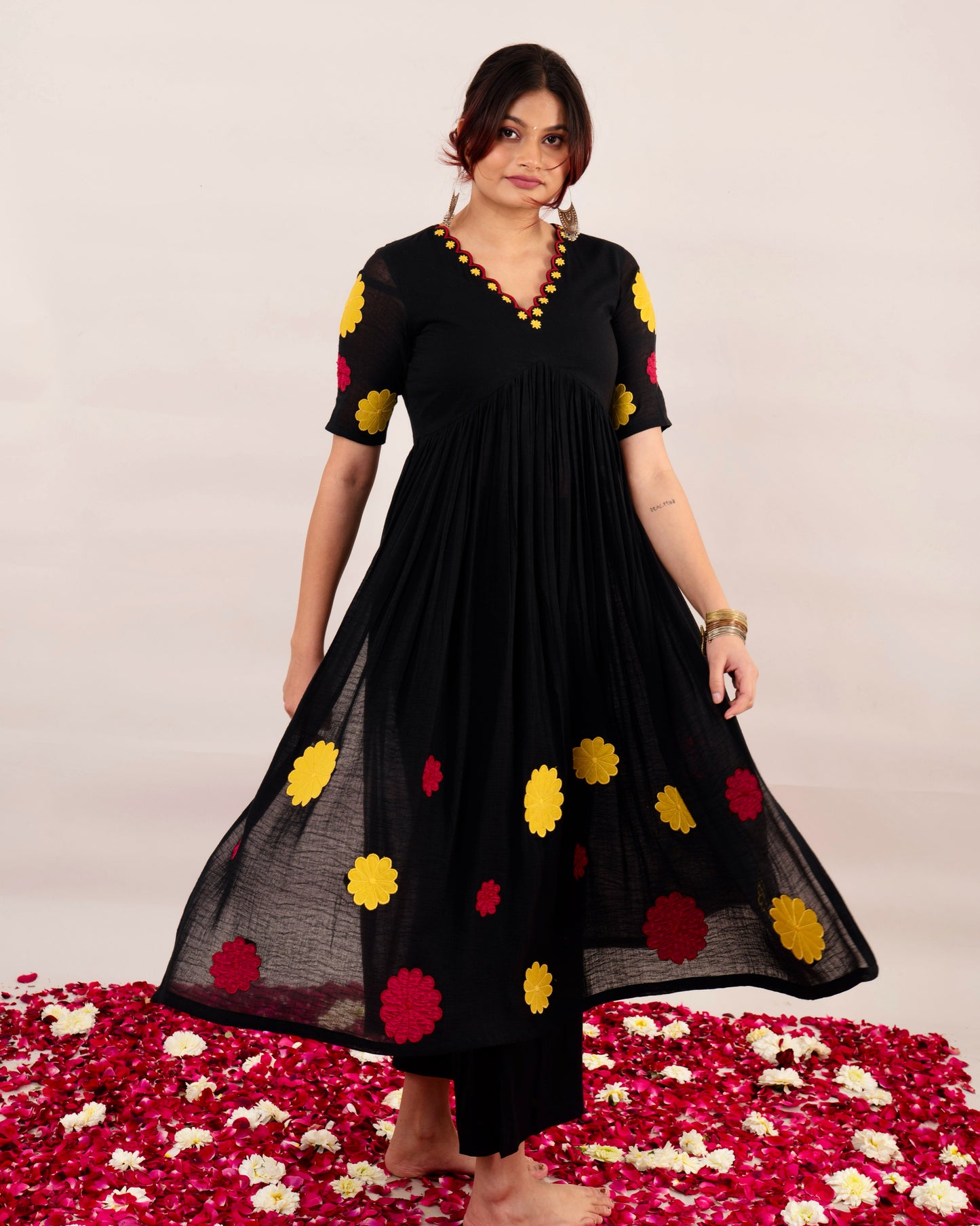 Midnight black floral patchwork kurta (Only)