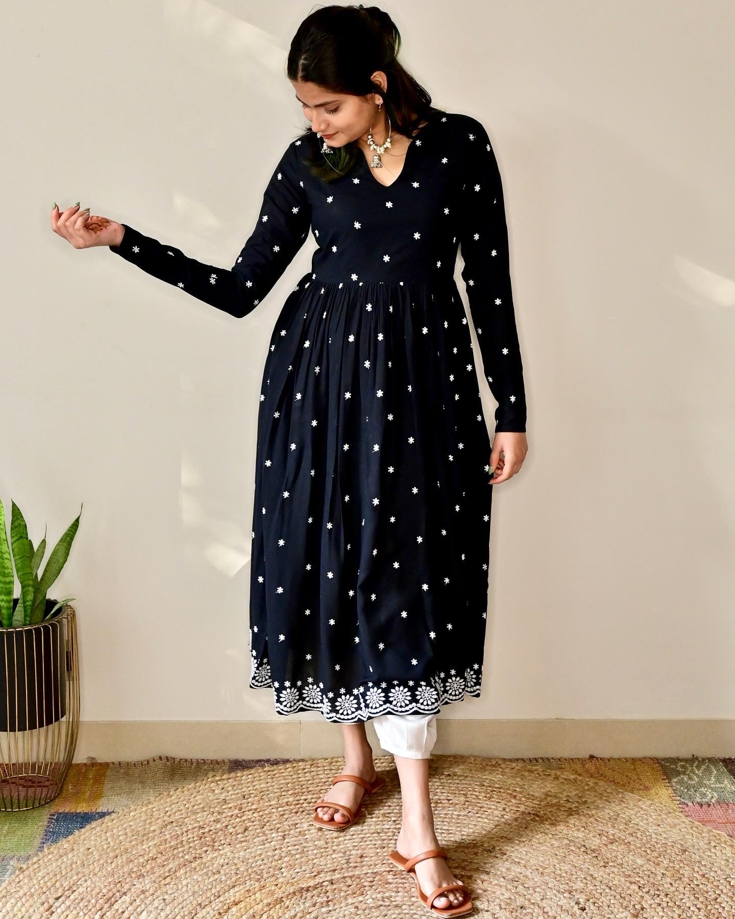 Black Floral Embroidered Flared Kurta (Only Kurta)