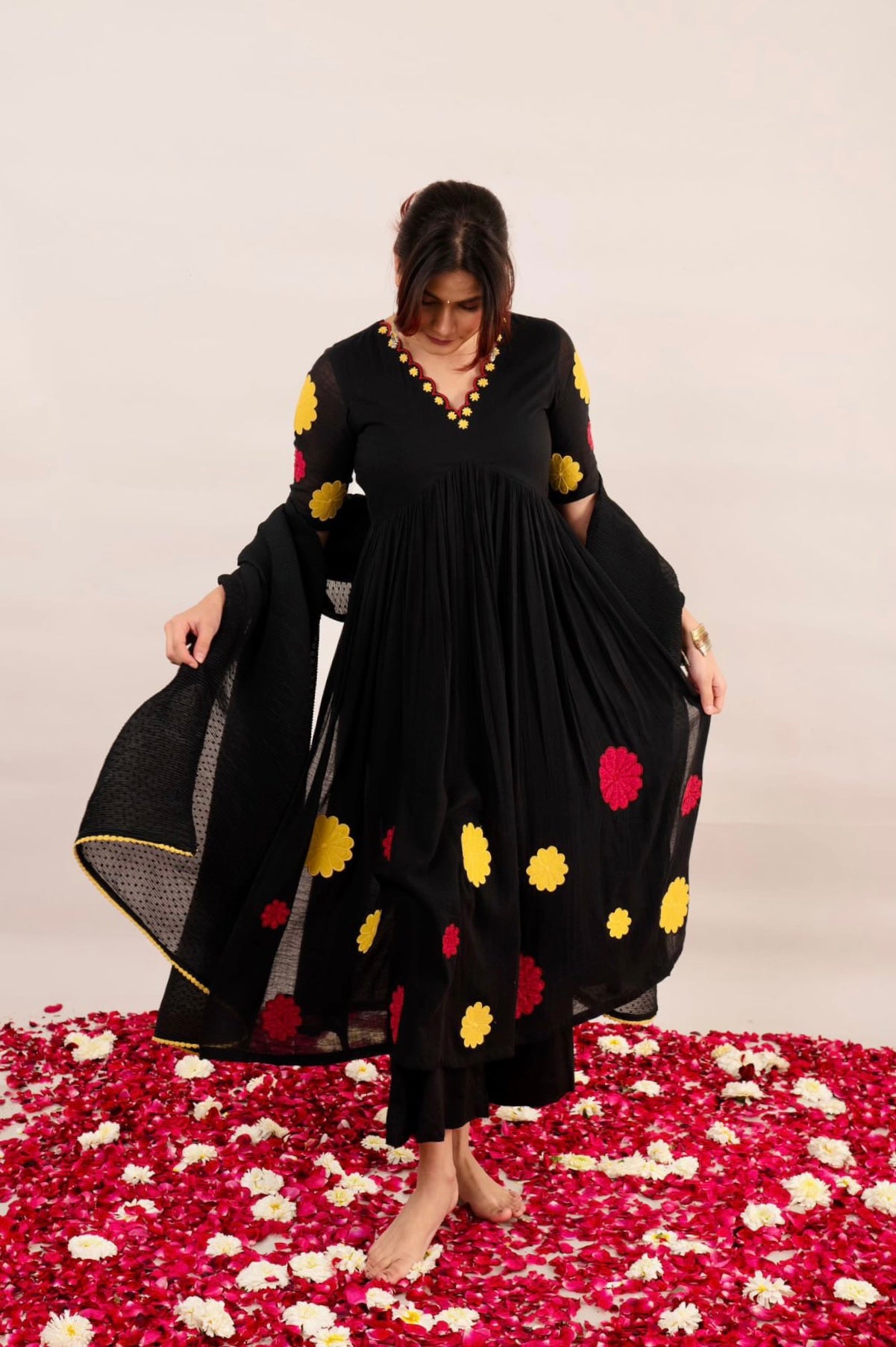 Midnight black floral patchwork kurta & pants set