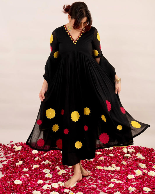 Midnight black floral patchwork kurta & pants set
