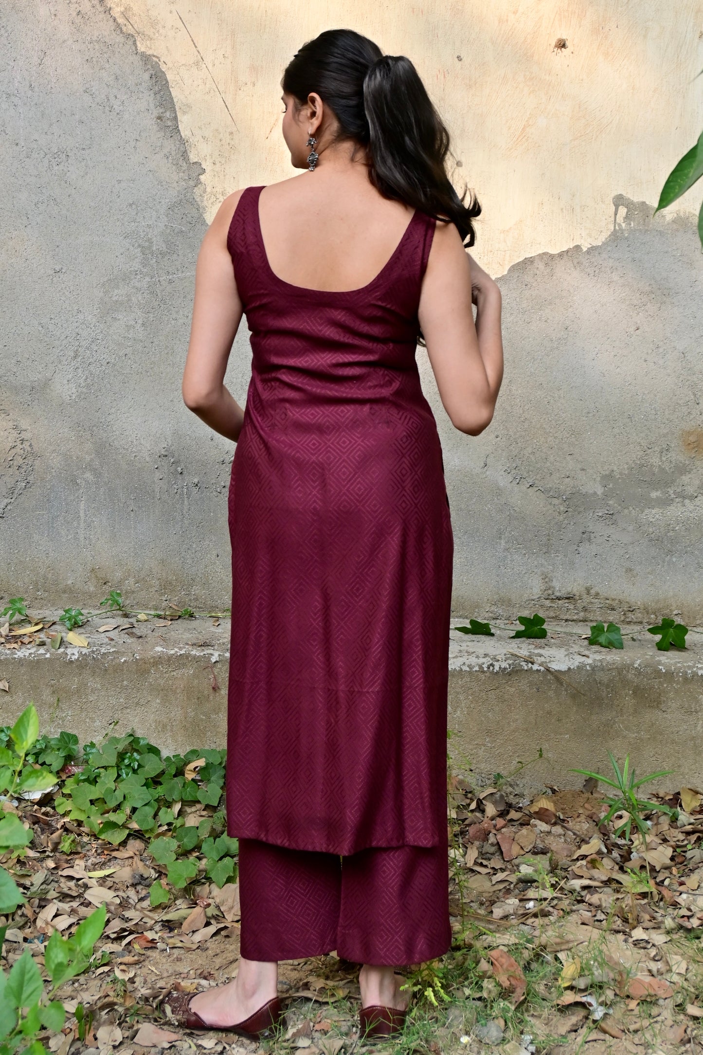 Wine Textured Kurta Set