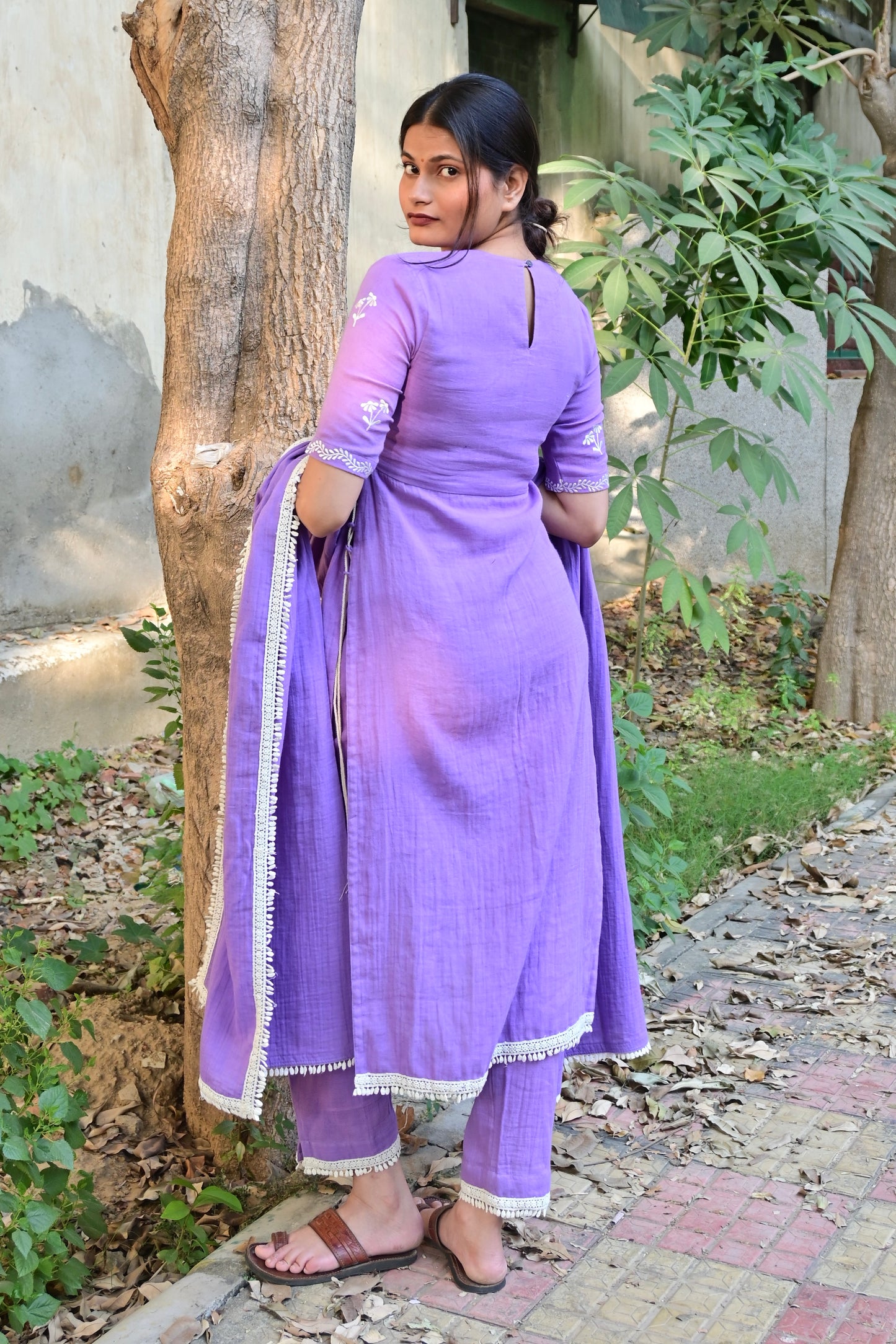 Lavender Floral Embroidered High Slit kurta Set