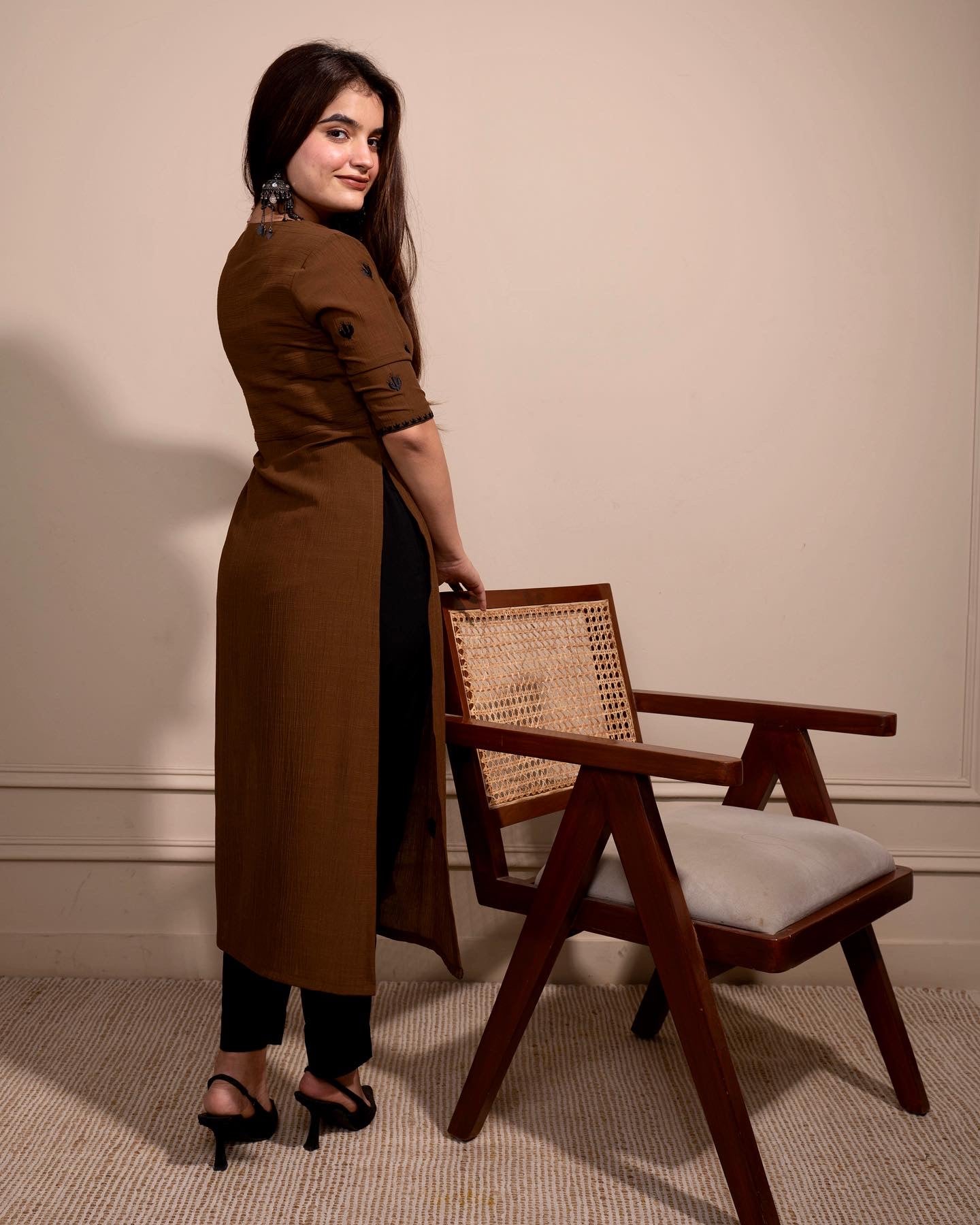 Caramel Brown Cactus High Slit Kurta Set