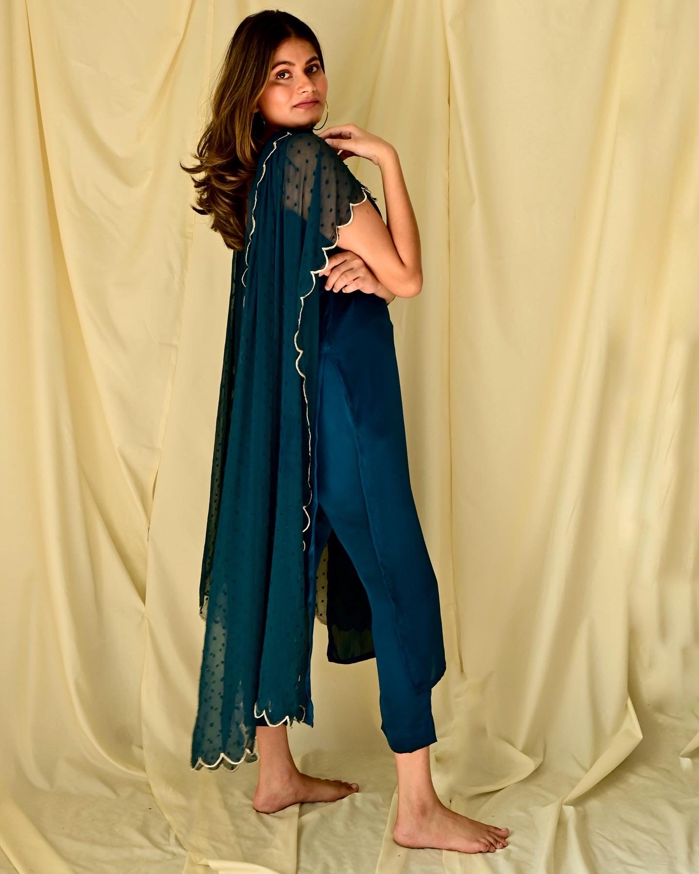 Peacock Blue Sleeveless Embroidered Suit Set