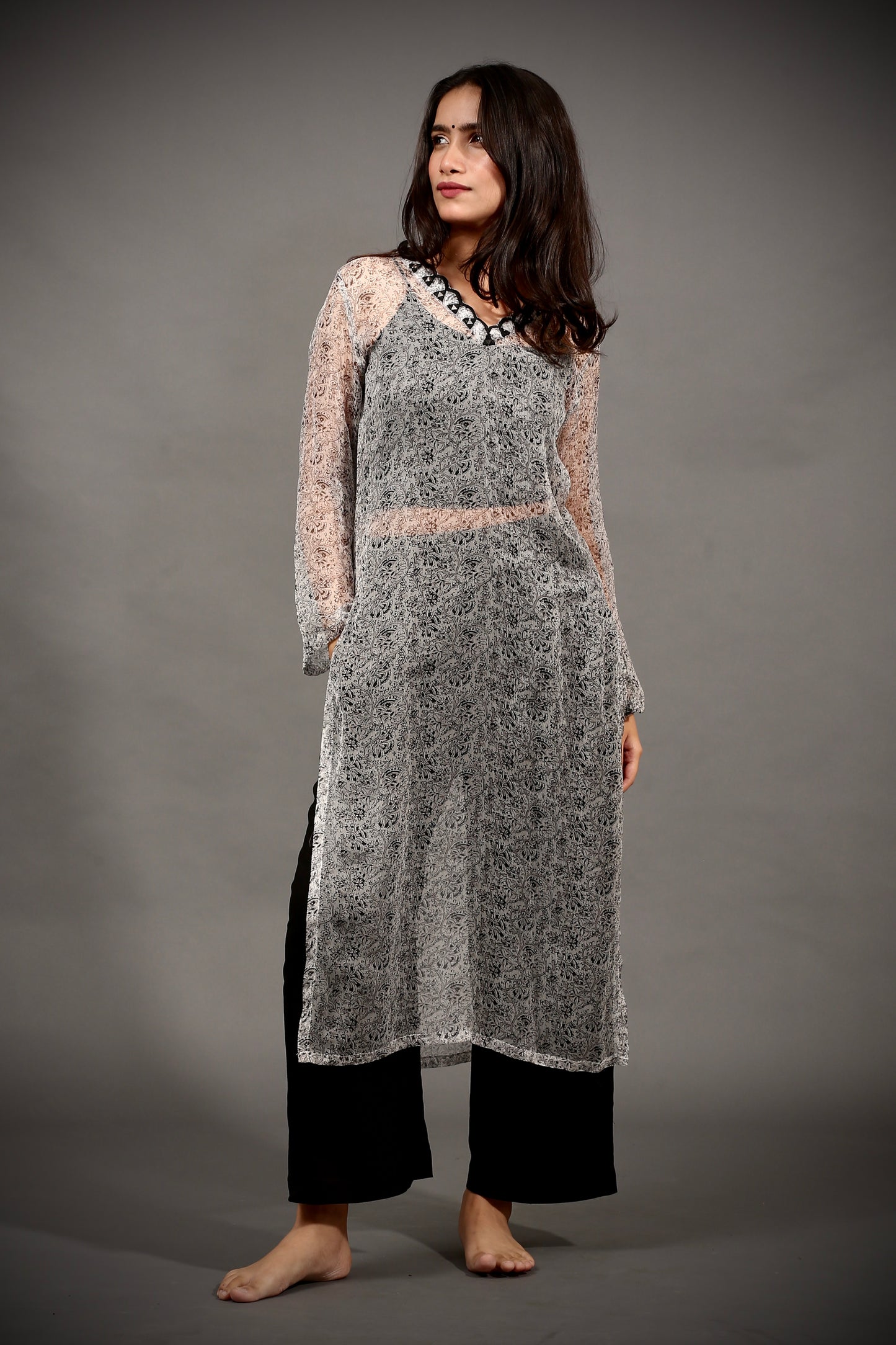 Grey chiffon kurta, black smocked crop top & pants (Set of 3)