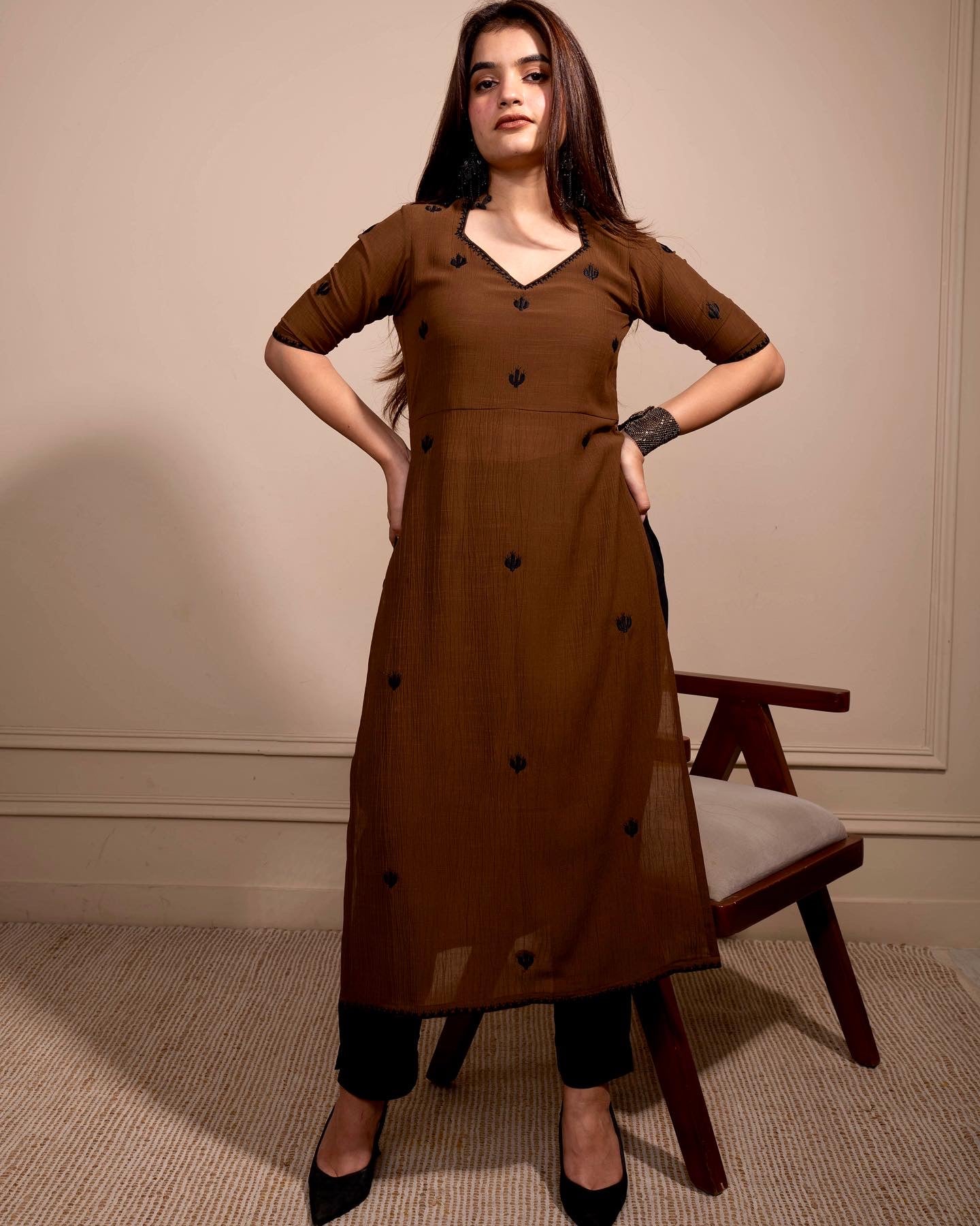 Caramel Brown Cactus High Slit Kurta Set