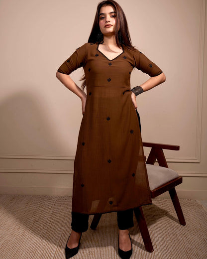 Caramel Brown Cactus High Slit Kurta Set