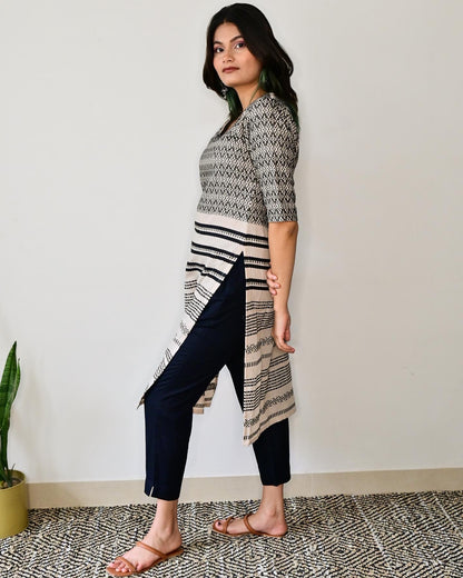 Beige & Black Printed Kurta Set