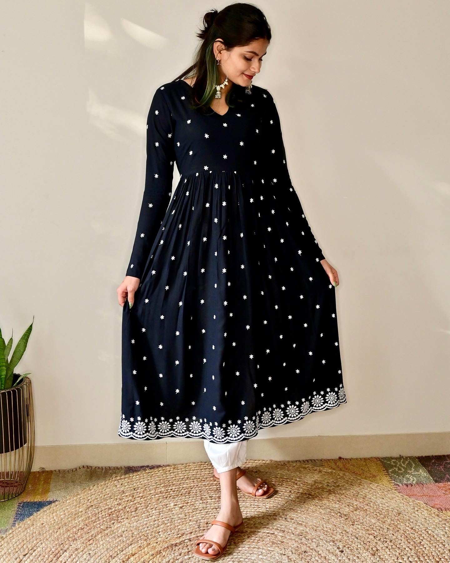 Black Floral Embroidered Flared Kurta Set