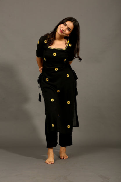 Sunflower black high slit kurta & pants