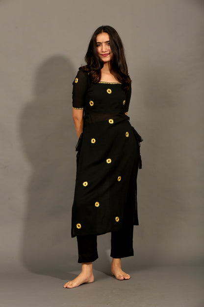 Sunflower black high slit kurta & pants
