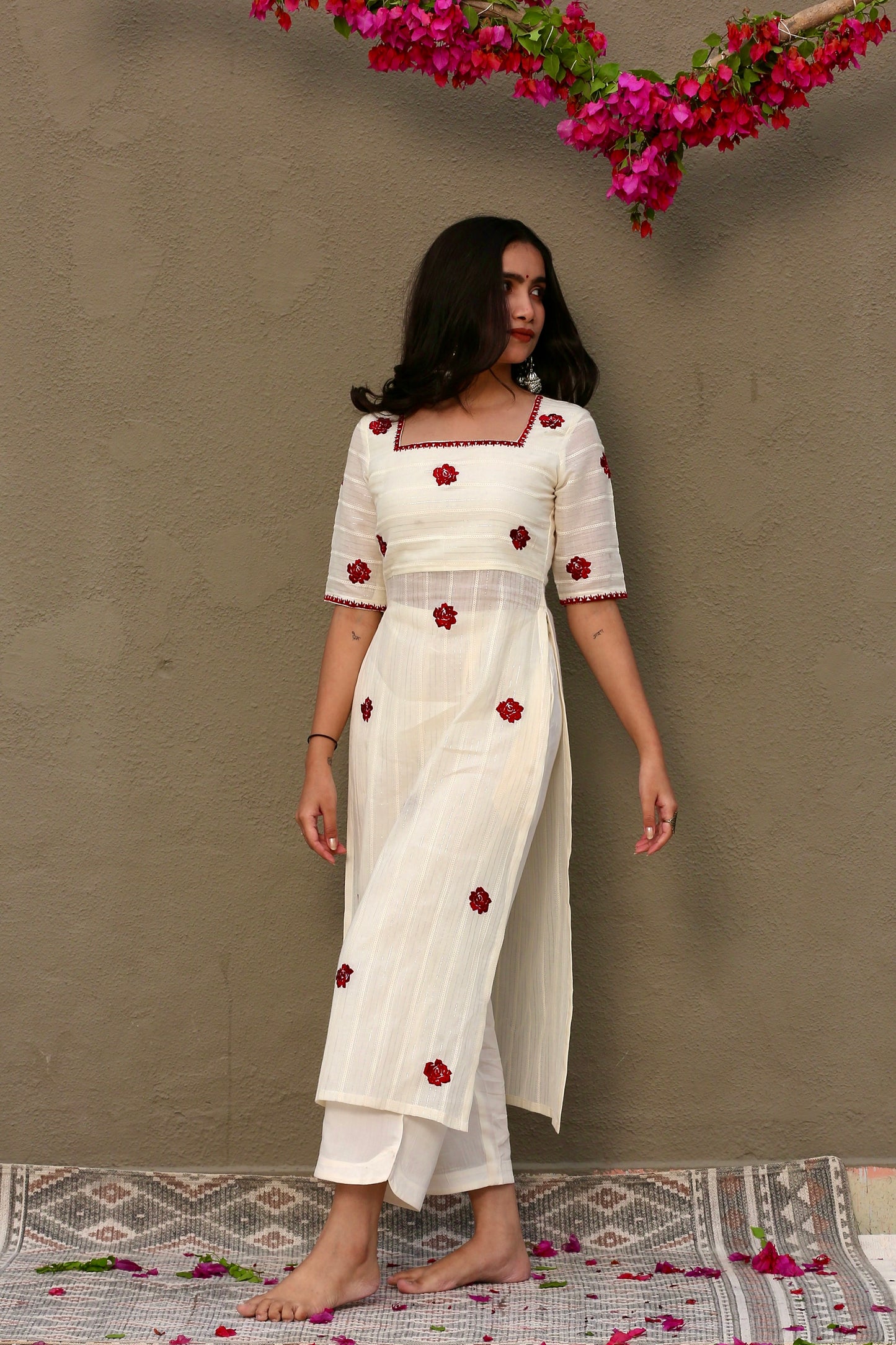 Rose embroidered high slit kurta & palazzo pants