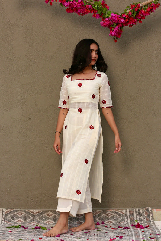 Rose embroidered high slit kurta & palazzo pants