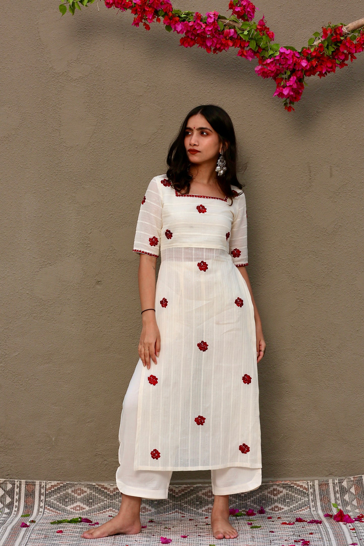 Rose embroidered high slit kurta & palazzo pants