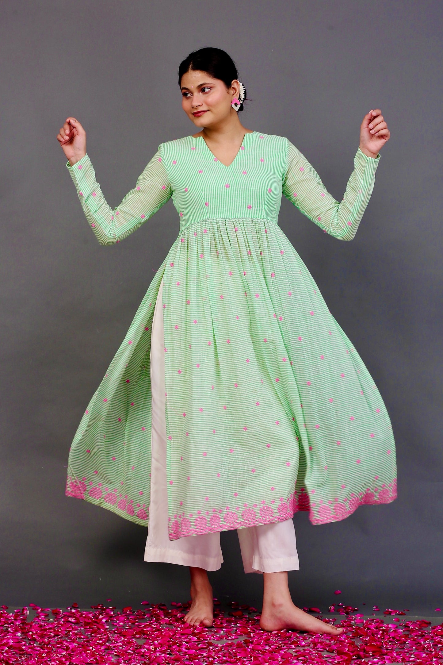 Striped embroidered kurta set