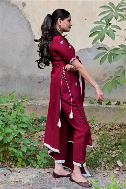 Magenta Pink Lotus Embroidered High Slit Kurta Set