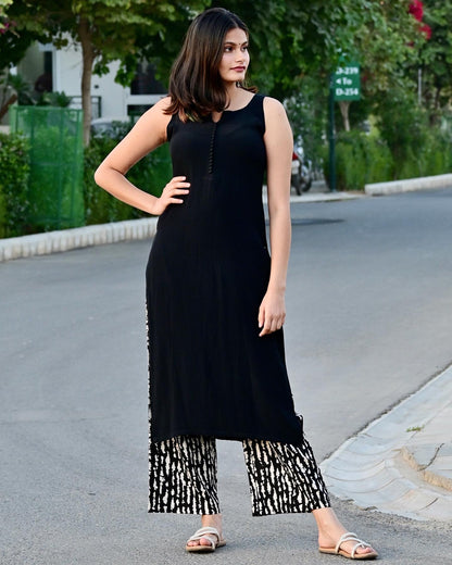 Solid Black Sleeveless Kurta & Printed Pants Set