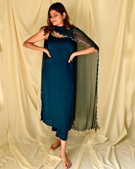 Peacock Blue Sleeveless Embroidered Suit Set