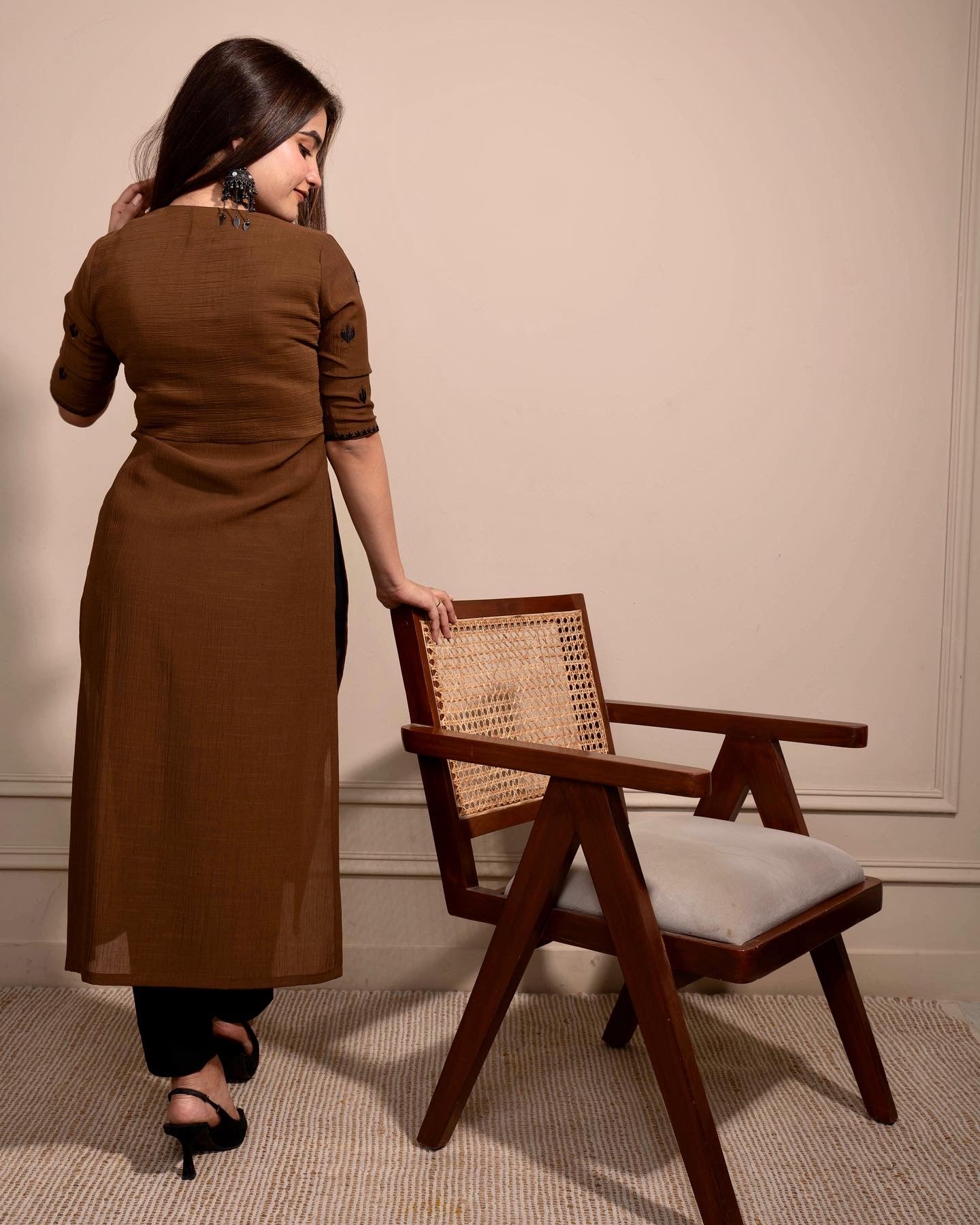 Caramel Brown Cactus High Slit Kurta Set