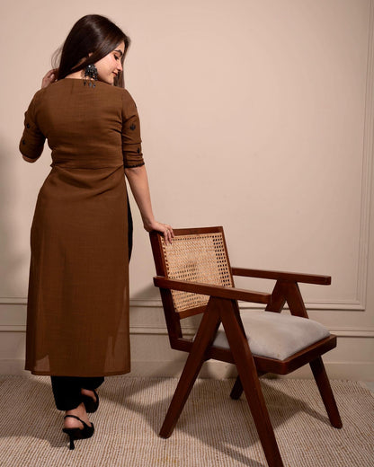Caramel Brown Cactus High Slit Kurta Set