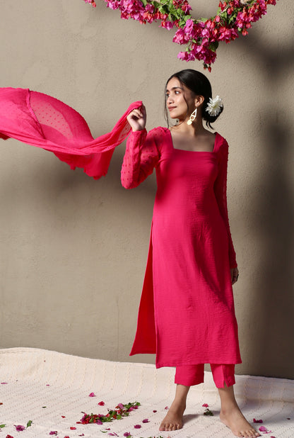 Hot pink full sleeves kurta pants & dupatta (Set of 3)
