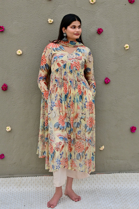 Beige Botanical Kurta Set