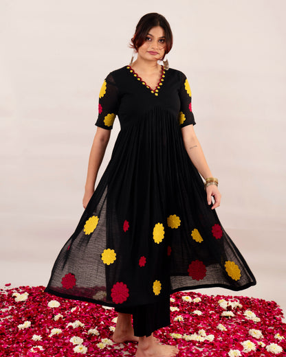 Midnight black floral patchwork kurta & pants set