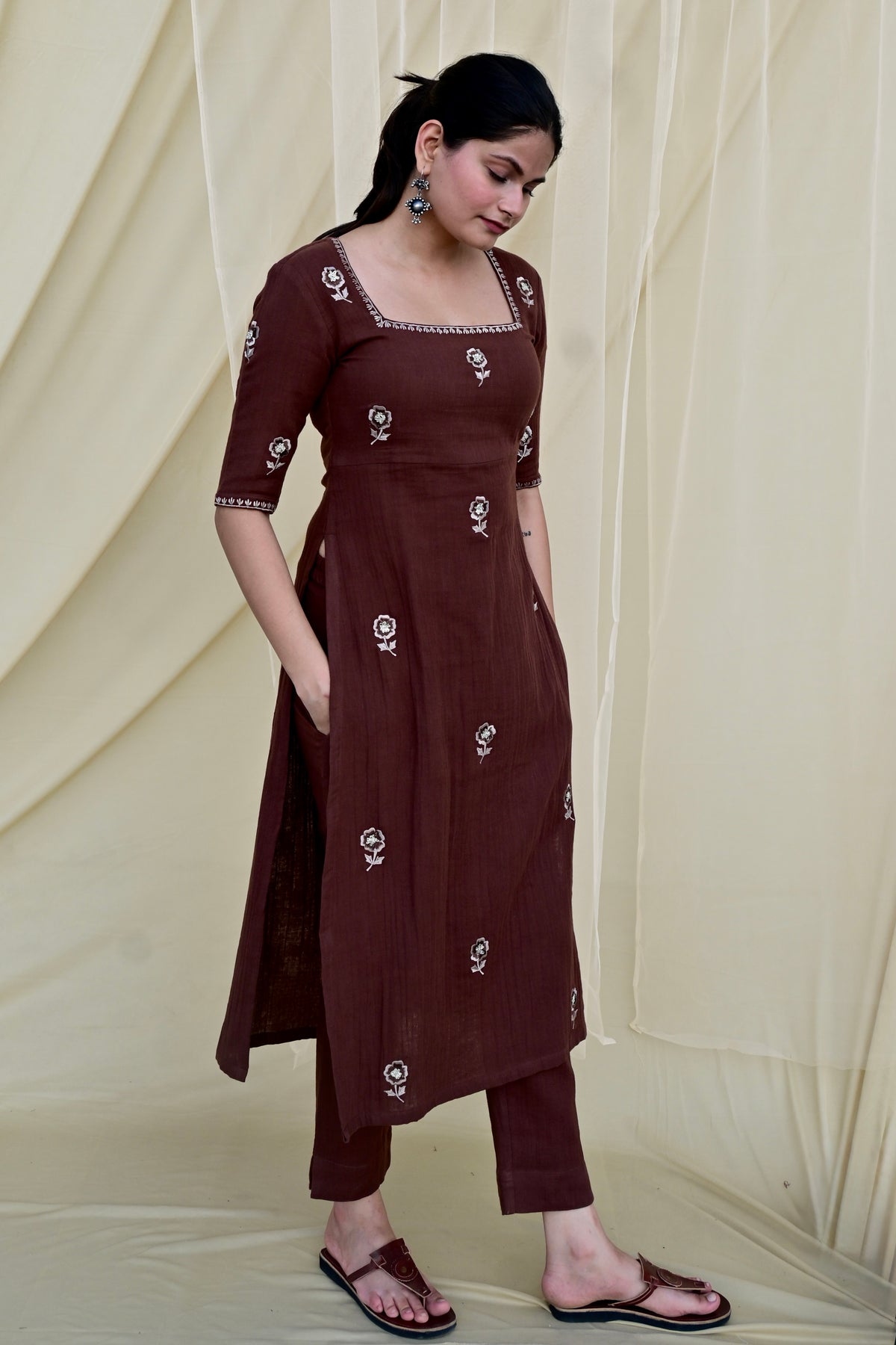 Mocha Bloom High Slit Kurta