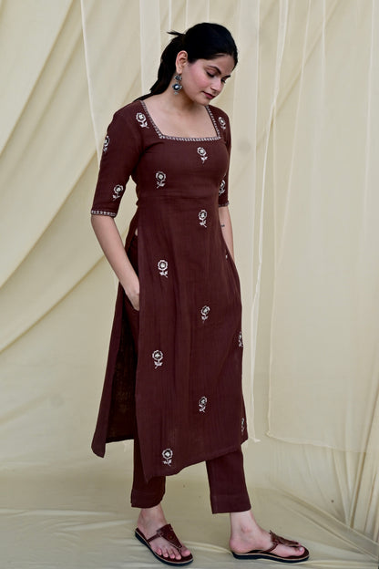 Mocha Bloom High Slit Kurta