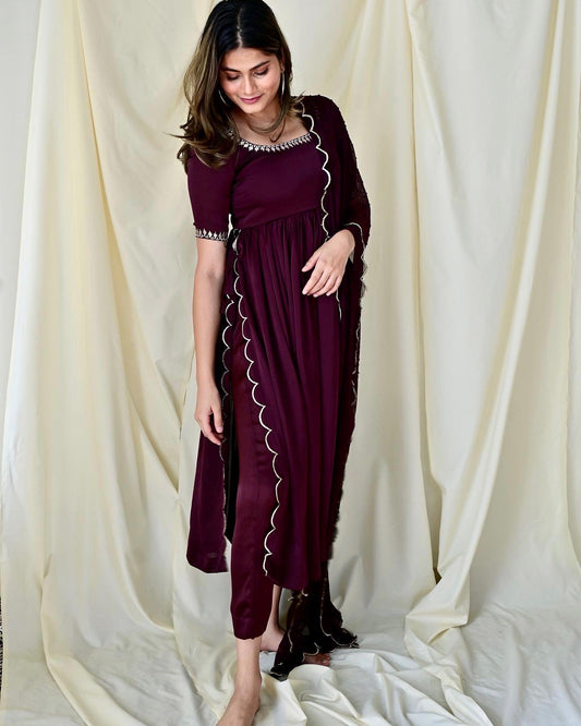 Wine Embroidered High Slit Kurta Set