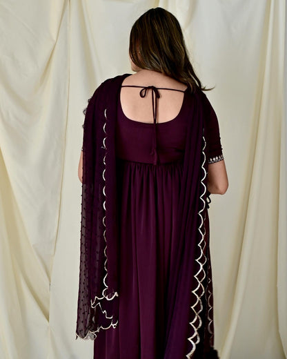 Wine Embroidered High Slit Kurta Set
