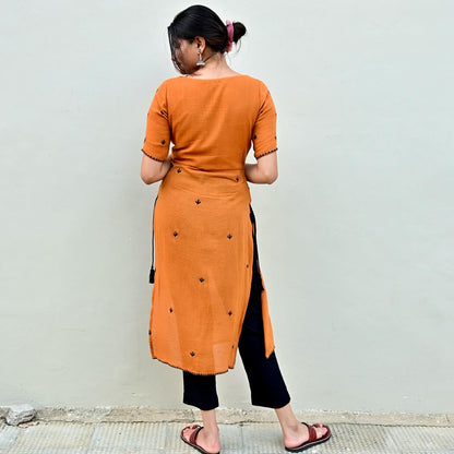 Mustard Cactus Embroidered High Slit Kurta Set