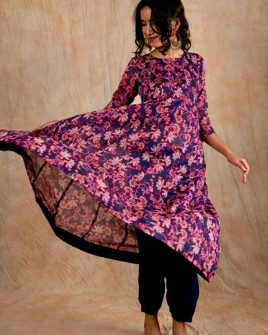 Blue Printed Kalidar (Only kurta)