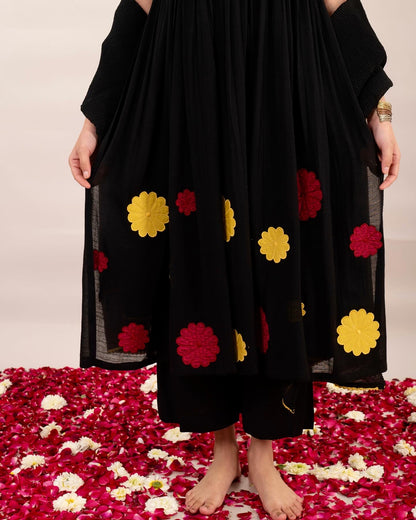 Midnight black floral patchwork kurta & pants set