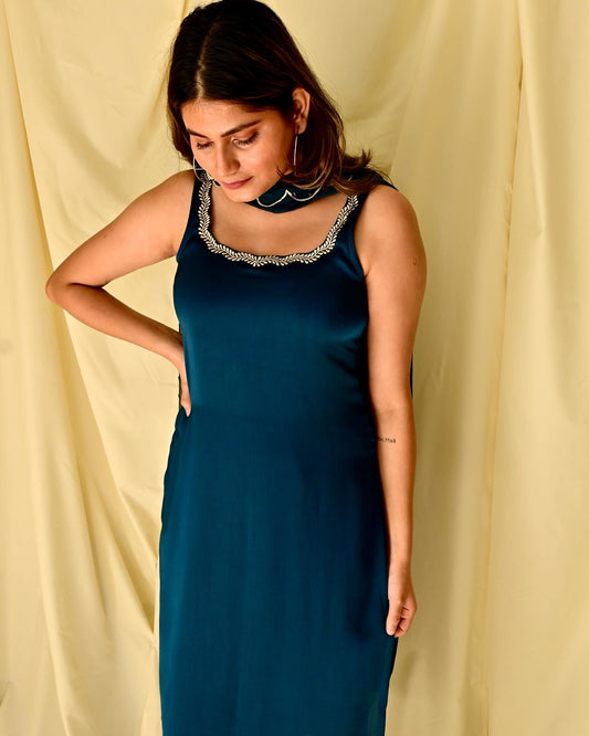 Peacock Blue Sleeveless Embroidered Suit Set