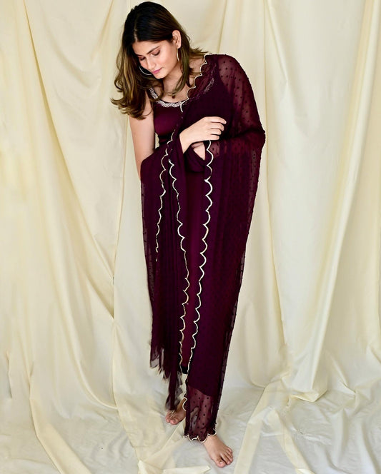 Wine Embroidered Sleeveless Suit Set