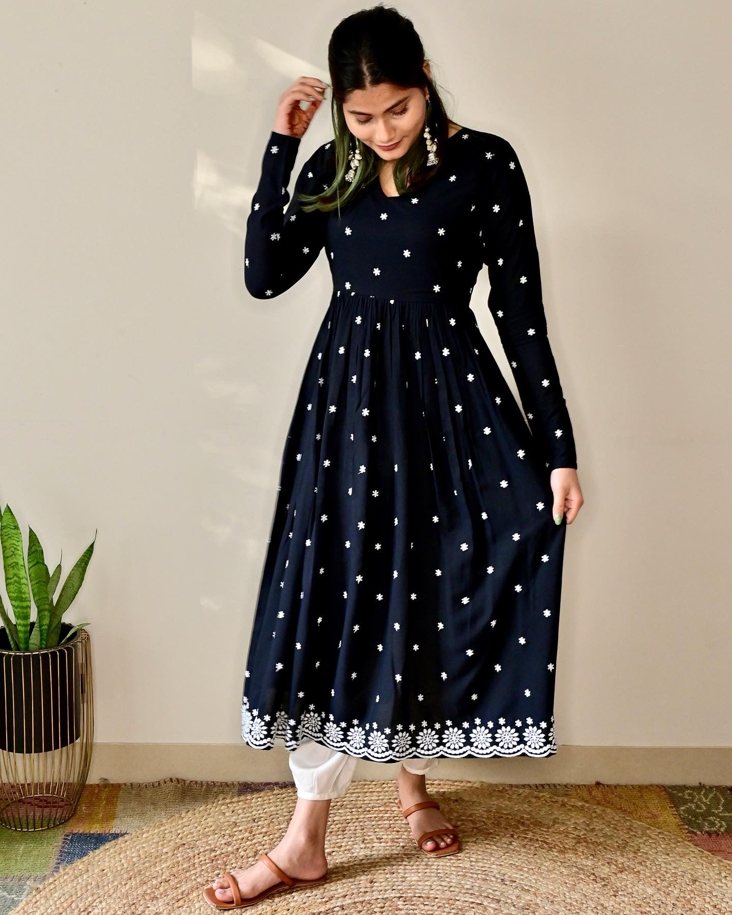 Black Floral Embroidered Flared Kurta Set