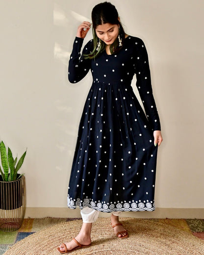 Black Floral Embroidered Flared Kurta Set