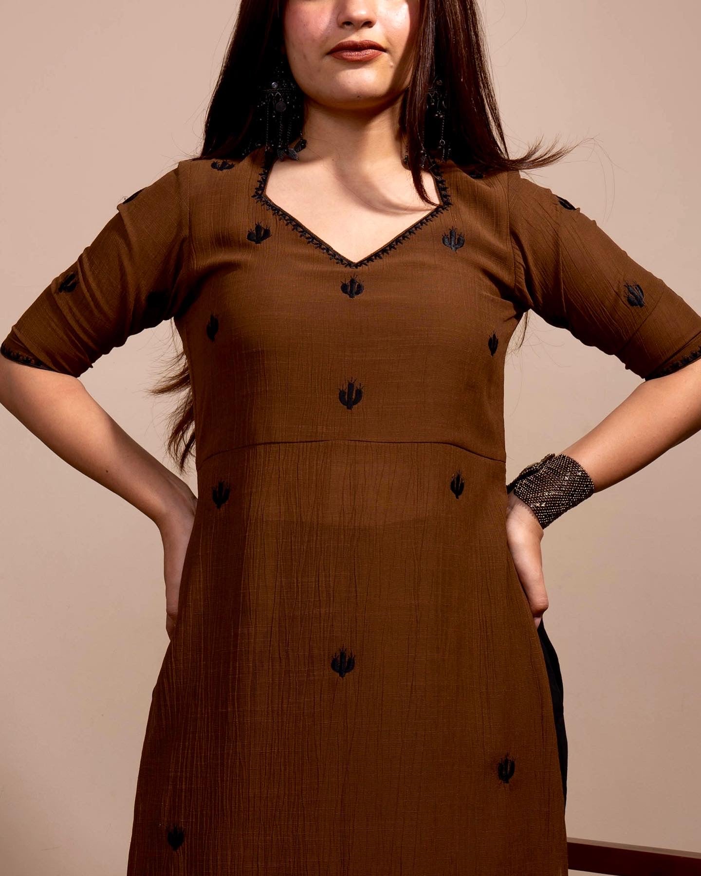 Caramel Brown Cactus High Slit Kurta Set