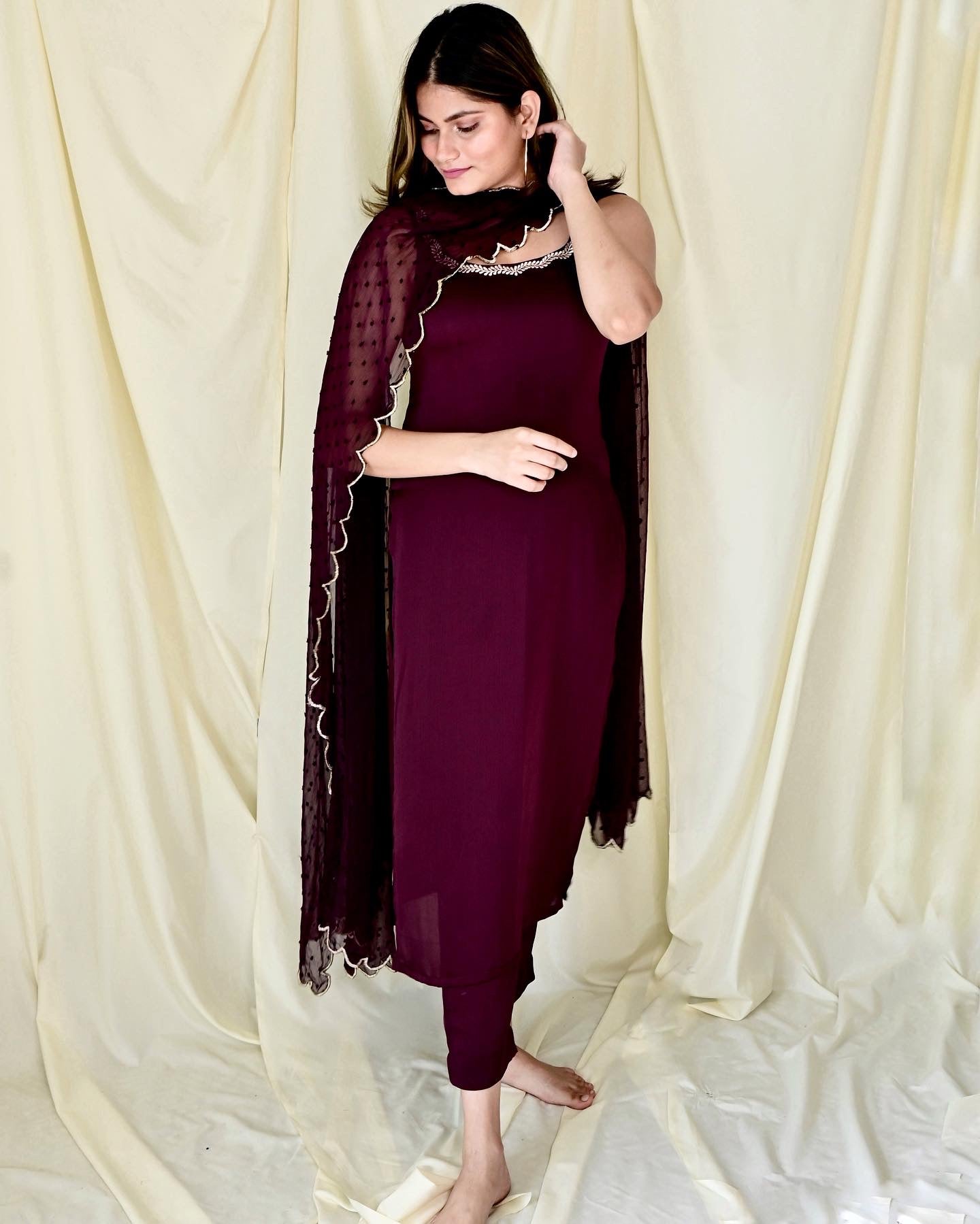 Wine Embroidered Sleeveless Suit Set