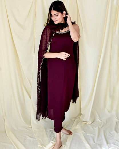 Wine Embroidered Sleeveless Suit Set