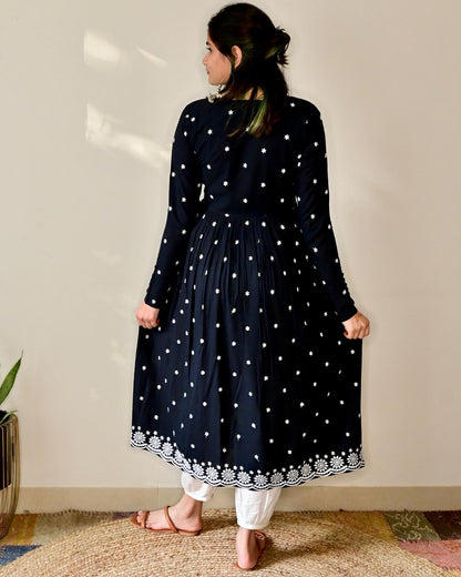 Black Floral Embroidered Flared Kurta Set