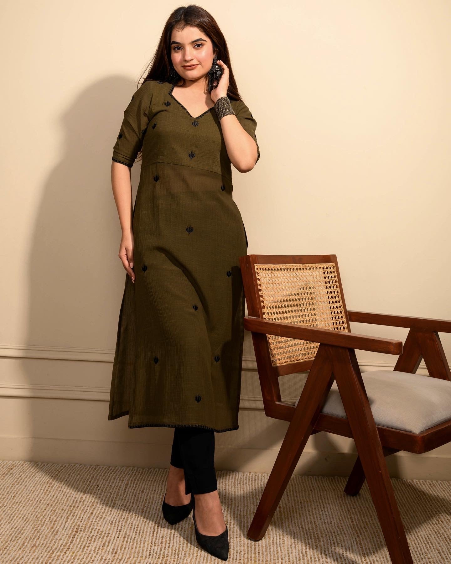 Olive green Cactus High Slit Kurta Set