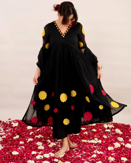 Midnight black floral patchwork kurta & pants set