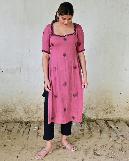 Mauve Rose Embroidered High Slit Suit Kurta