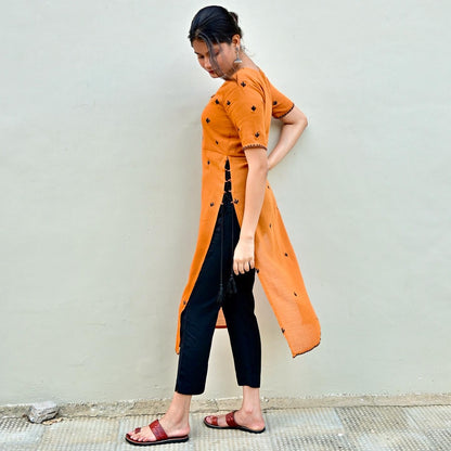 Mustard Cactus Embroidered High Slit Kurta Set