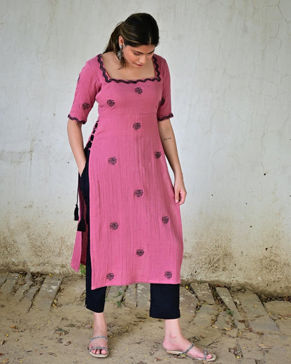 Mauve Rose Embroidered High Slit Suit Kurta
