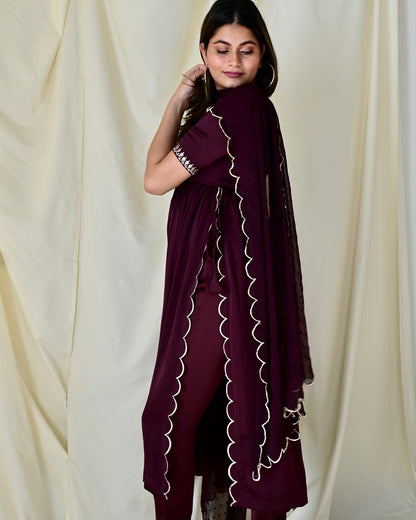 Wine Embroidered High Slit Kurta Set